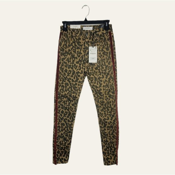 🌞ZARA Woman Leopard Premium Jeans Animal Print Skinny Red Velvet Stripe - Picture 7 of 12